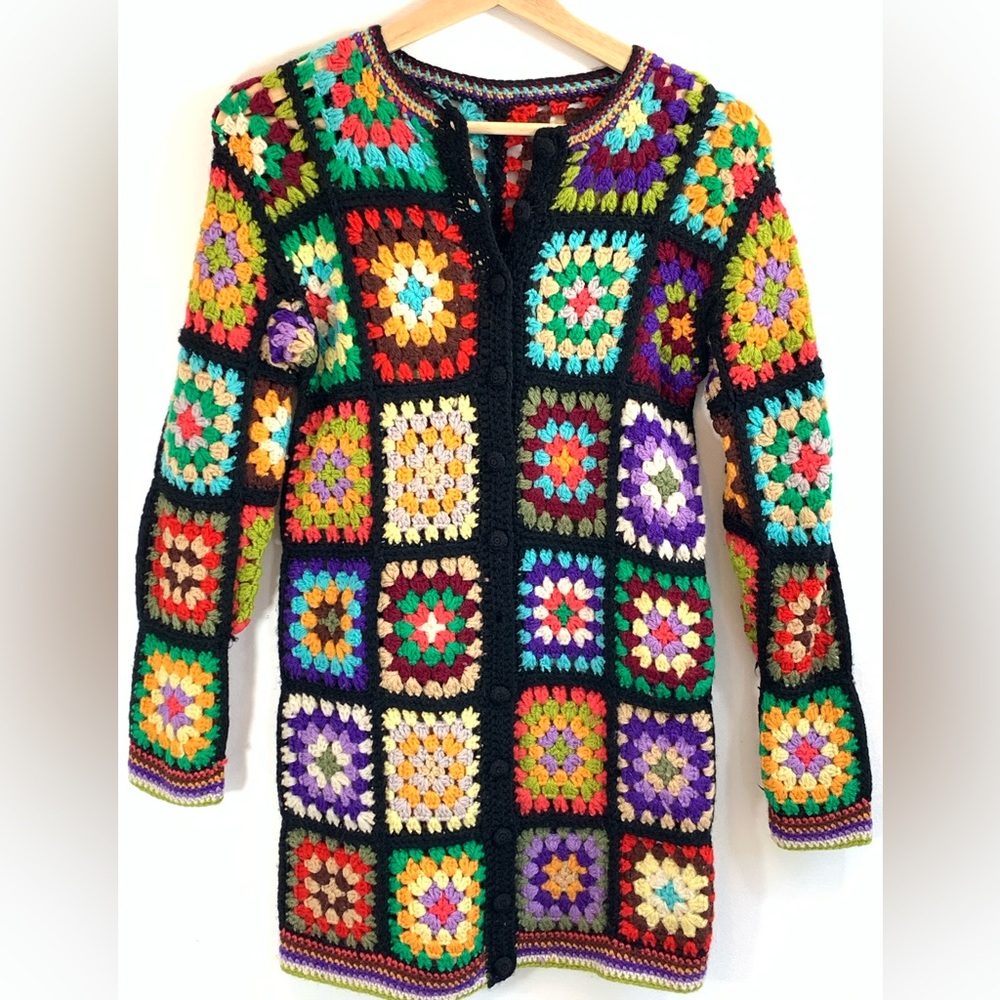 Crochet Cardigan Grammy Colorful Square Sweater.Vintage.Size S .Really Gorgeous
